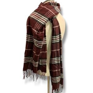 Cashmink Burgundy Plaid Scarf Fringe Soft Made in Germany 73" x 16"